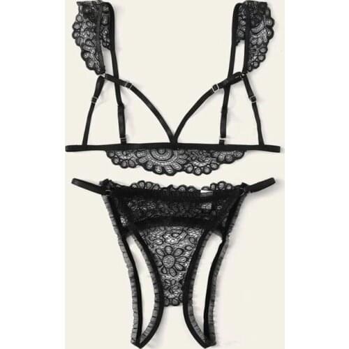 Hot Top Fashion Sexy Underwear Open File Dew Perspective Three-Point Temptation Suit Womens New Style Europe And America