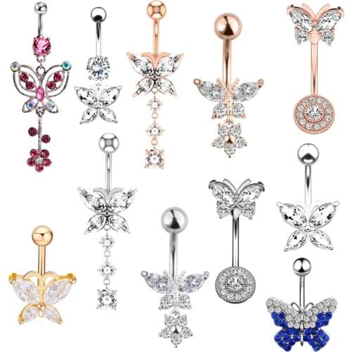 New Butterfly Flower Crystal Navel Ring Fashion Body Piercing Belly Bar Retail 14G 316L Surgical Steel Bar Pircing Ombligo
