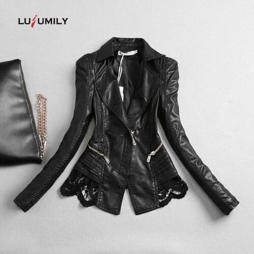 Lusumily Plus Size Autumn Leather Jacket Women Short Black Lace Pu Leather Coat 2021 New Ladies Winter Motorcycle Female Outwea