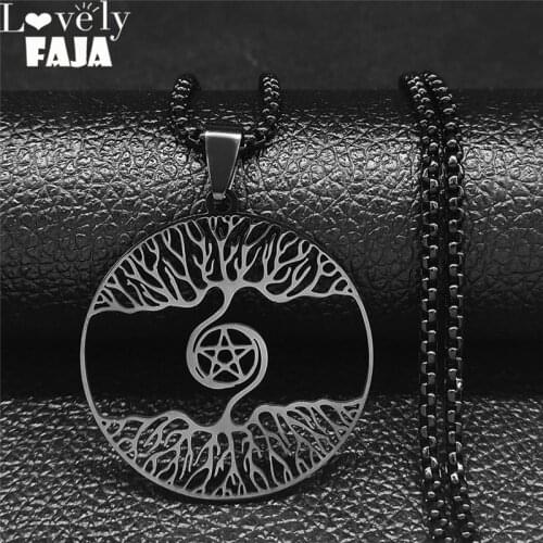 Tree of Life Witchcraft Pentagram Stainless Steel Chain Necklaces Women/Men Black Color Round Jewelry colier femme N4253S03