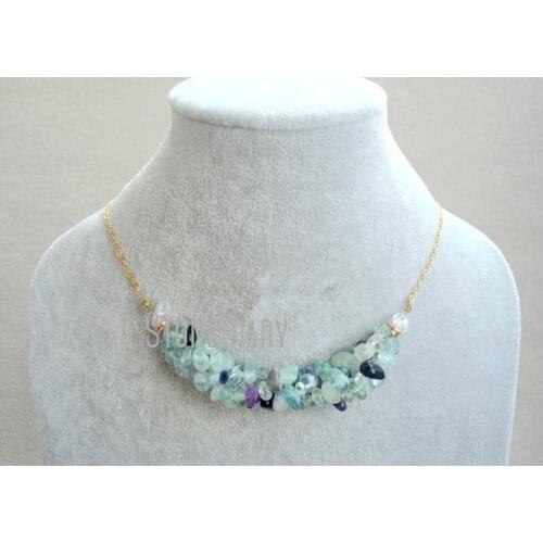 H-QN75 Chip Fluorite Crystal Quartz Necklace for Women Bubble Statement Chain Necklace Gold or Silver Color 40-50mm