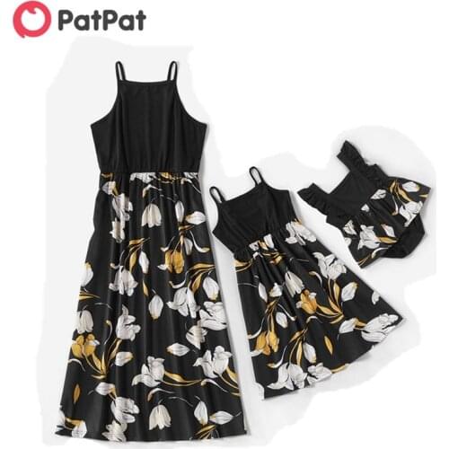 PatPat 2020 New Summer Mosaic Mommy and Me Floral Tank Dresses Flutter-sleeve Romper Sleeveless Dresses Matching Outfits