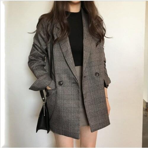 Classic Plaid Double Breasted Women Jacket Blazer Notched Collar Female Suits Coat Fashion Houndstooth women clothes 2019