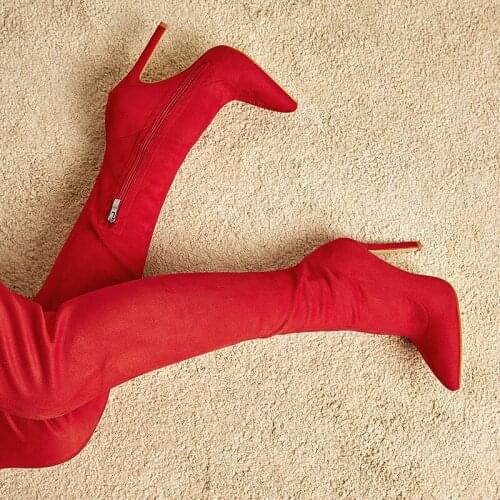 Sexy Fashion Pointed Toe Red Sock Flock Over-The-Knee Boots Zip Thin Heels Winter Women Striptease Female Motorcycle Boots 2021