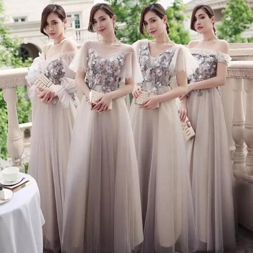 Bridesmaids Dresses Illusion Short Boat-Neck Appliques Embroidery Tulle Off The Shoulder Vintage Women Wedding Party Gown E584