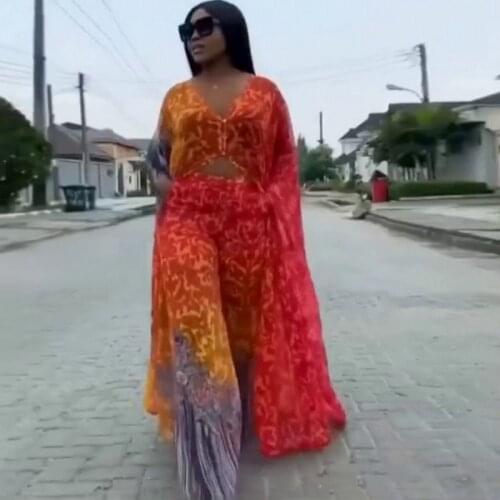 African Maxi Dress Clothes Women V Neck Full Sleeve Robes And Pant Suits Summer Fashion Print Chiffon African Streetwear Outfits