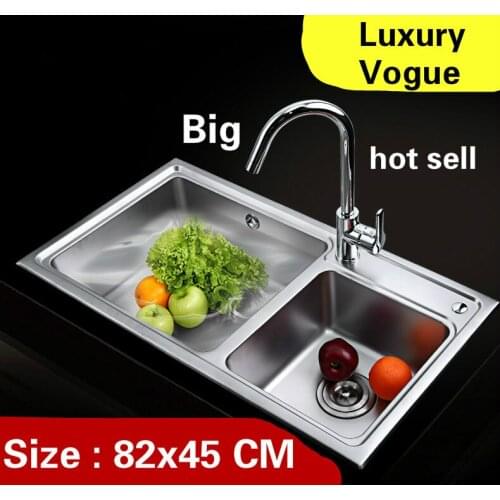 Free shipping Apartment stretch faucet wash vegetables high volume big kitchen double groove sink 304 stainless steel 82x45 CM