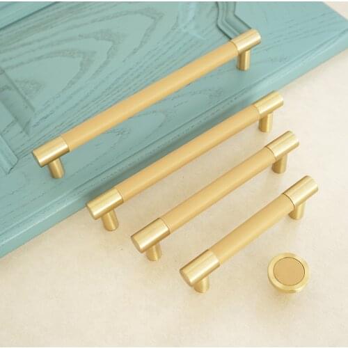 3.75" 5" 6.3" 8.8" Round Dresser Knob Beige Leather Door Pull Handles Copper Cabinet Knobs Brass Drawer Handle 96 128 160 224mm