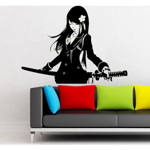 Samurai Schoolgirl Katana Japanese Akai Anime Wall Sticker Vinyl Interior Art Home Decor Room Wall Decals Removable Mural 4045