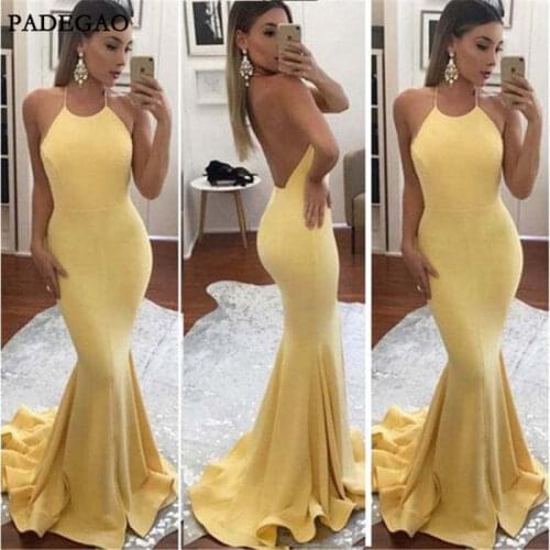 Sexy Yellow Evening Dresses Mermaid Halter Prom Dresses Sleeveless Sweep Train Halter Backless Formal Evening Dress Plus Size