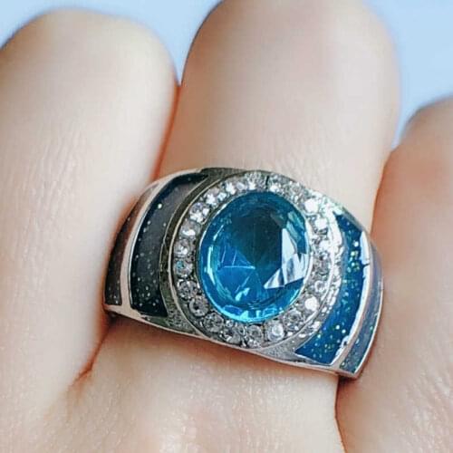 Blue Sparkling Crystal Engagement Ring Blue Gem Ring Wedding Jewelry Size 6-10