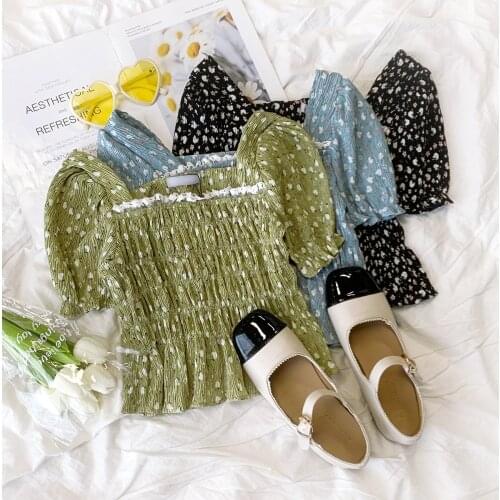 Retro Floral Puff Sleeve Lace Edge Square Collar Pleated Slim Short Sleeve Oil Painting Shirt