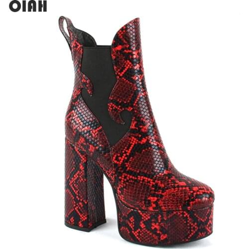2020 New Women Ankle Boots Platform PU Leather Boot Red Snake Skin Ladies Shoes Heeled Boots Autumn Winter Woman High Heel Shoes
