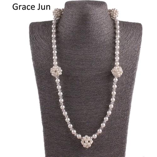 Grace Jun New Spring Style Handmade Bridal Long Pearl Ball Crystal Statement Necklace for Women Girls Pendant Necklace28"