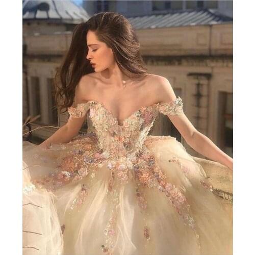 Champagne Fairy Princess Wedding Dresses 2021 Handmade Flowers Lace Floral Off Shoulder Beach Bride Gowns vestidos de novia