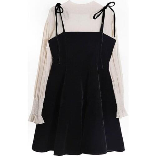 2019 Autumn Elegant Womens 2 Piece Sets Womens Outfits Black Velvet Suspender Dress & White Turtleneck Thin Blouse Shirt