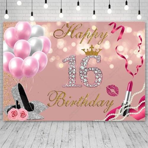 Avezano Girl 16th Birthday Party Decoration Pink Banner Backdrop For Photography Balloons Lipstick Royal Crown Background Studio