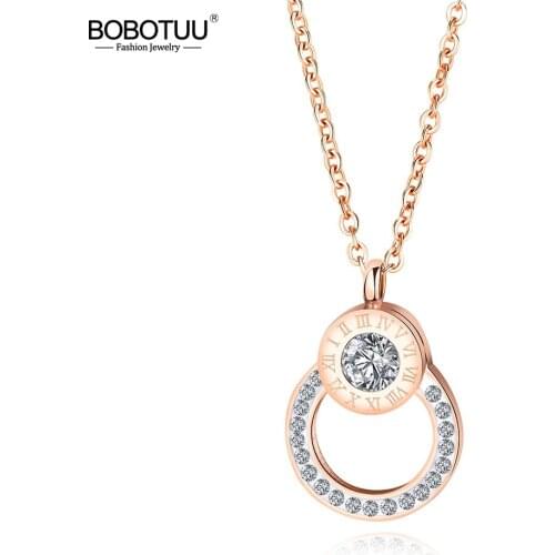 BOBOTUU Trendy Stainless Steel Choker Necklaces Rose Gold AAA Zircon Roma Numbers Pendant Necklace For Women Girls BN17077