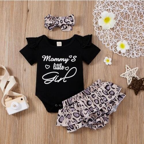 3 Pieces Kids Suit Set, Letter Print O-Neck Short Sleeve Romper+ Leopard Print Shorts+ Hairband for Summer, 0-18 Months