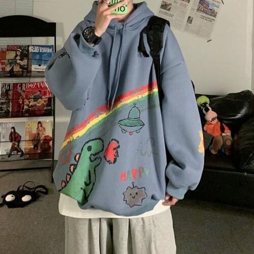 Blue Cartoon Dinosaur Hoodie Sweatshirt Mens Funny Hip Hop Japan Gothic Hoodie Streetwear Clothing Tops Coat Male Winter Hoodies