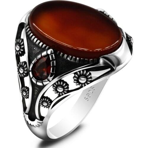 925 Sterling Silver Mens Ring Bezel with Natural Agate Stone Turkish Handmade Ring Flower Design Mens and Womens High Jewelry