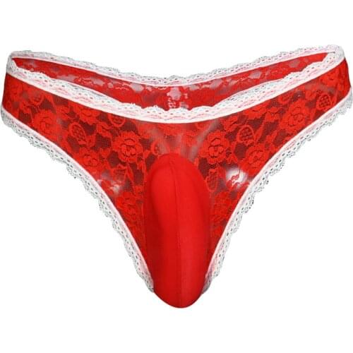 Men Lingerie See-through Pouch Lace Sissy Panties Open Butt Low Rise Brief Bikini Underwear