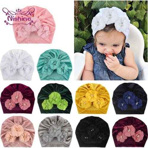 Nishine 18*17 CM Newborn Infant Soft Velvet Indian Hats Fashion Hand Sewn Beads Sun Flower Caps Baby Warm Headwear 11 Colors