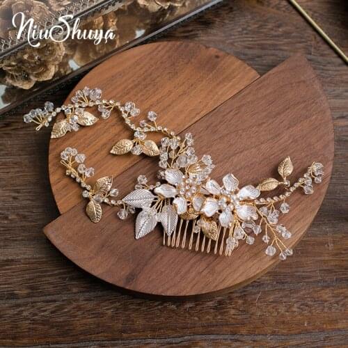 NiuShuya Gold Handmade Floral Wedding Haircomb Bridal Crystal Vine Headpiece Hair Accessory