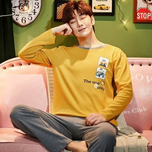 Autumn Long Sleeve Pijamas Cotton Pajamas Set For Male Plus Size Sleep Clothing Casual Yellow Cartoon Men Pyjamas Suit