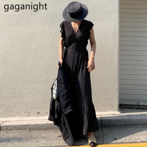 Gaganight Elegant Women Long Dress Sleevelss V Neck Black Polk Dot Vintage Dresses Summer Chic Korean Vestidos Holiday Party