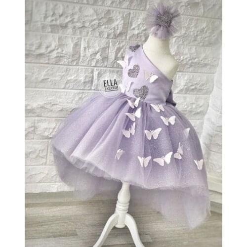 One Shoulder Purple Butterfly Flower Girls Dresses Elegant Kid Girls Birthday Party Dresses Christening Dreses Photoshoot