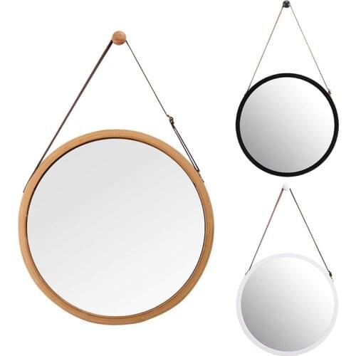 Hanging Round Wall Mirror in Bathroom & Bedroom - Solid Bamboo Frame & Adjustable Leather Strap