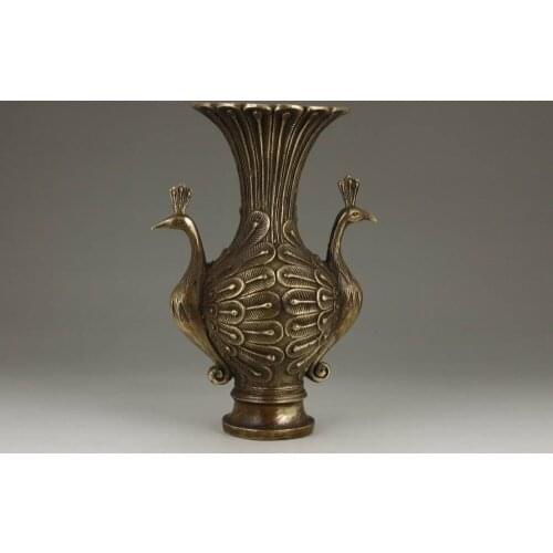Elaborate Chinese Old Brass Handwork Double Peacocks Vase