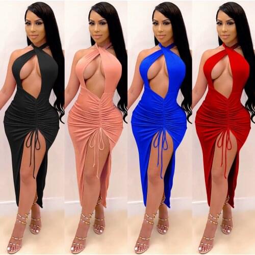 Sexy Long Maxi Dress Women Party Dress Cross Halter Neck Low-cut Ruched Drawstring Open Split Hem Dress Summer Party Clubwear