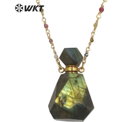 WT-N1268 WKT Precious 18 inch long rainbow tourmaline chain perfume bottle necklace high flash Labradorite bottle necklaces