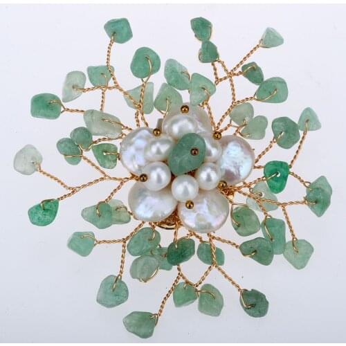 Yacq Womens Natural Aventurine Freshwater Pearl Pin Brooch Pendant 2 in 1 Handmade Jewelry Flexible Copper Wire Gifts for Her