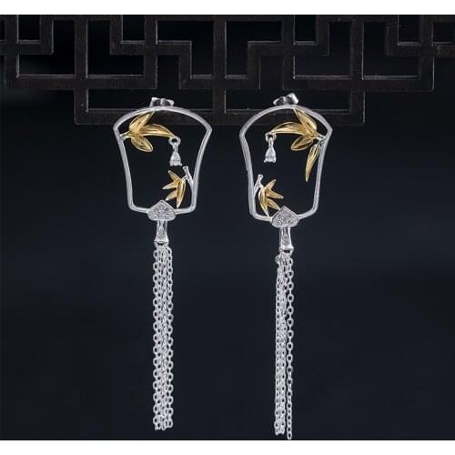 VLA 925 Silver Chinese Classic Bamboo Leaf Tassel Earrings Long Womens Creative Pane Flower Earrings Accessories