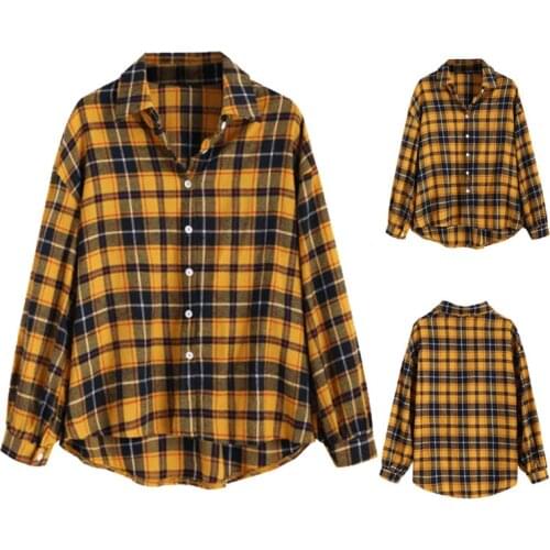 Plus Size Womens Yellow And Black Plaid Shirt Turn-down Collar Women Blouses Button Oversize Long Sleeve T Shirts Women Top