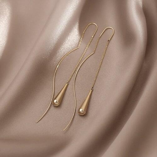 Koreas new design fashion jewelry 14K gold plated zircon simple water drop pendant ear line elegant long thin womens earrings
