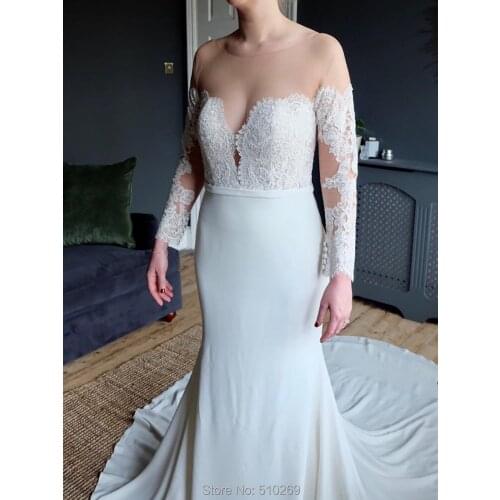 Cornaboutik Wedding Dress 2020 Mermaid Crepe Lace Appliques Illusion Neckline Long Sleeves Bridal Gowns Vestidos De Novia