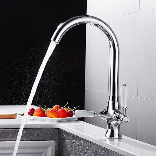 European Dual Holder Single Hole Kitchen Faucet Hot and Cold Mixer Tap Chrome Deck Mounted Torneira Cozinha