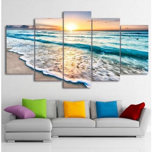 Canvas Painting Wall Art Home Decor Pictures 5 Pieces Seascape Sunset Beach Sea Wave Poster Living Room Unframed