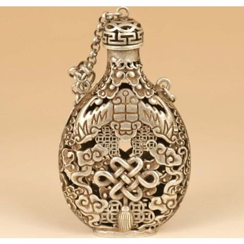 Exquisite Chinese Old-style Tibetan Silver White Copper Carved Auspicious Patterns Hollow-out Sachet