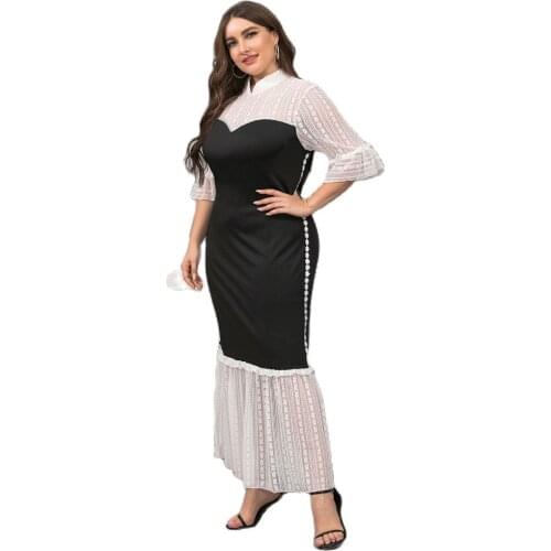Plus Size Women Dress y2k Fashion Stand Up Collar Dress Lace Stitching Crochet Loose Light Mature Temperament Dresses Платье