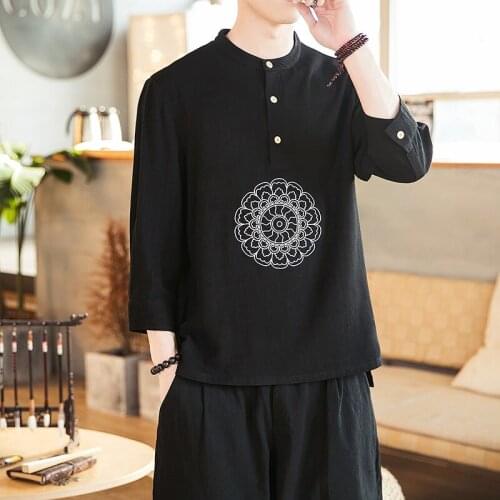 Chinese Style Tops Men 2020 Spring Shirt Cotton Blouse Casual Full Sleeve Collar Vintage New Year Clothes Style Streetwear 10978