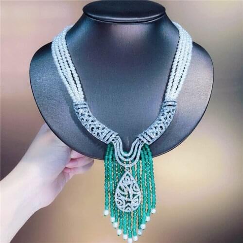 Luxury jewelry multilayer 4row natural 4-5mm white freshwater pearl green tassel micro inlay zircon necklace