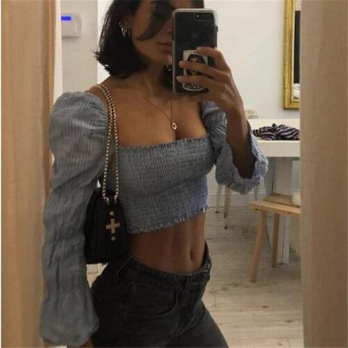Women Spring Fall Striped Shirts Long Sleeves Square Collar Y2k Casual Cropped Top Indie Slim Fit Short Tops Female Wear Femme