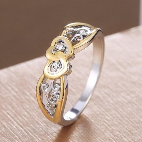 Fashion Simple Geometric Lines Double Love Heart Ring For Women Gold Color Rings Couples Jewelry Accessories Gifts