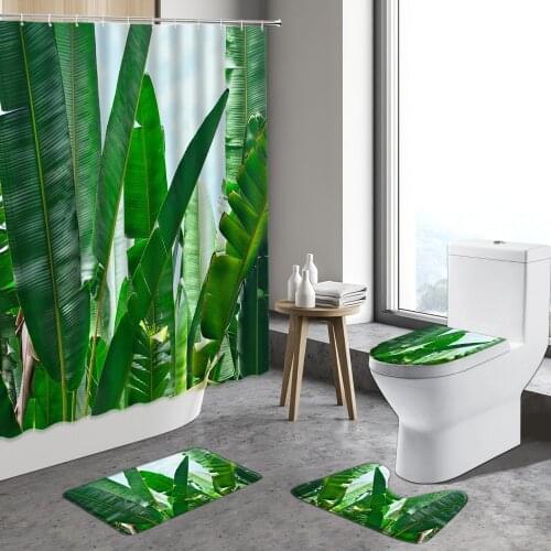 4pcs Palm Leaf Shower Curtain Green Tropical Plant Flower Watercolor Leaves Anti-Slip Bath Mat Toilet Cover Bathroom Carpet Rug