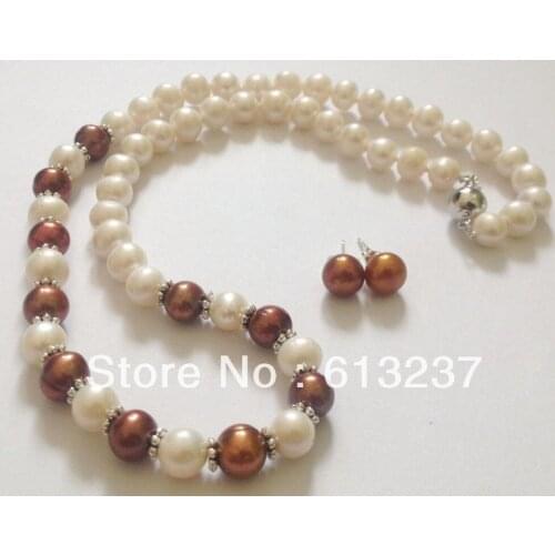 Free Shipping new Fashion DIY 8-9mm White Pearls and Chocolate Pearl Necklace 18"+Earring YE00003